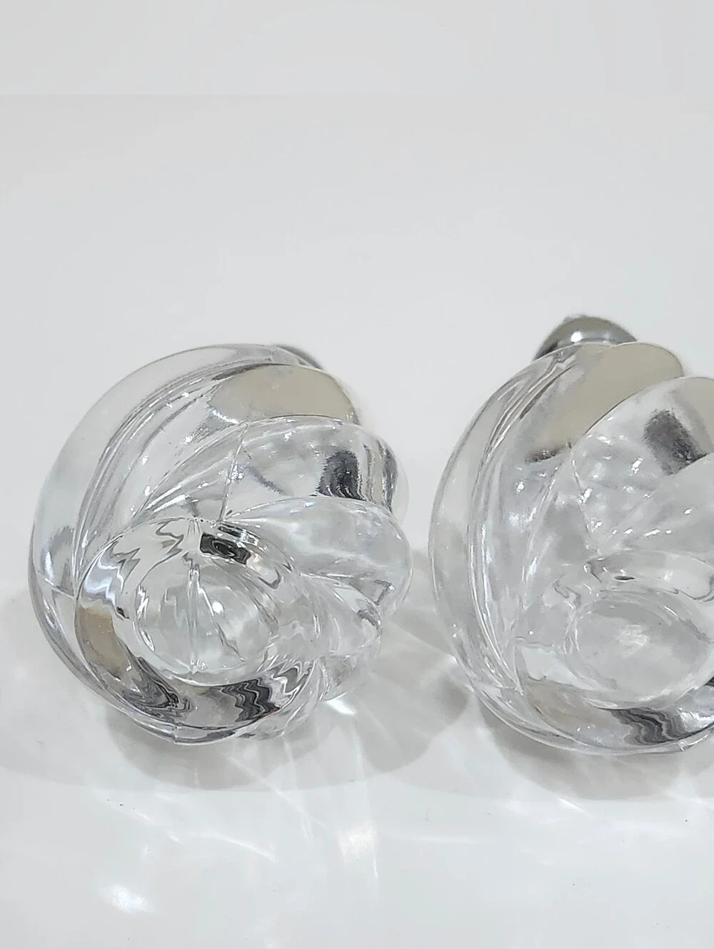 Vintage Glass Salt and Pepper Shakers With Chrome Tops Swirl Design Glossy MCM